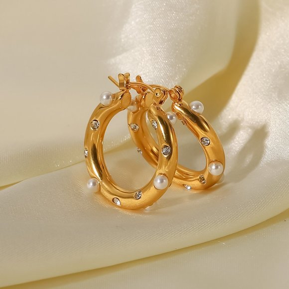 Zircon & Pearl Mix Hoop Earrings 18K Gold - Picture 7 of 7
